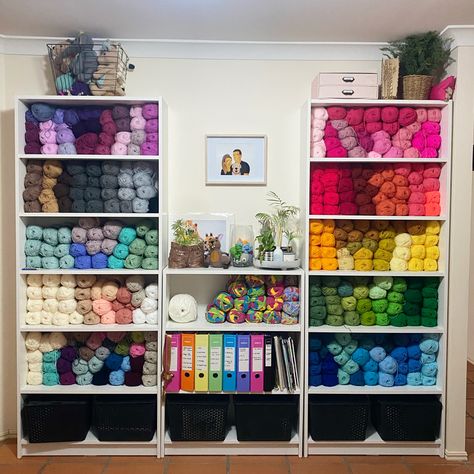 This is how I store my massive yarn collecrion. Its been a goal of mine for a while. Bookcases are from Ikea Weight 1 Yarn Crochet Patterns, Cotton Yarn Crochet Projects, Yarn Storage Ideas, Yarn Display, Yarn Projects Crochet, Billy Ikea, Knitting Room, Billy Bookcases, Transitional Decor Style