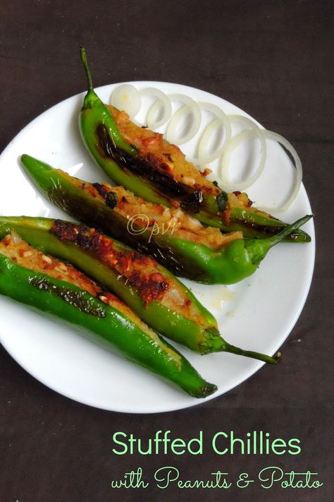 Stuffed Chillies with peanut and potato Vegetarian Food List, Stuffed Potato, Vitamin B 12, Indian Appetizers, Aloo Gobi, Chilli Recipes, B 12, Desi Food, Sukkot