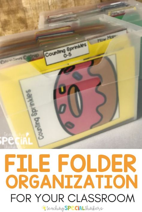 Need some organizational tips for your classroom, clinic, or homeschool? Ditch the filing cabinet and use one of these ideas to organize your file folders and declutter your classroom. File folders are perfect for your independent work centers with students of all ages. Link to free monthly labels. Spring clean your classroom! #filefolders #classroomorganization File Folder Organization Classroom, Special Education Classroom Organization, School File, Independent Work Stations, Life Skills Curriculum, File Folder Organization, Organizational Tips, Book Bins, File Folder Activities