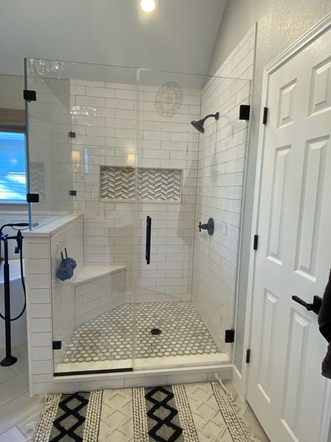 Master Bathroom Remodel, Black and White Bathroom, Classic Bathroom, Timeless Bathroom, spa bathroom, shower remodel Timeless Shower Ideas, Ceramic Shower Ideas, Bathroom Remodel Black And White, Bathroom Remodel Black, Bathroom Timeless, Dream Showers, Bathroom Flooring Options, Bathroom Shower Remodel, Mom Bathroom