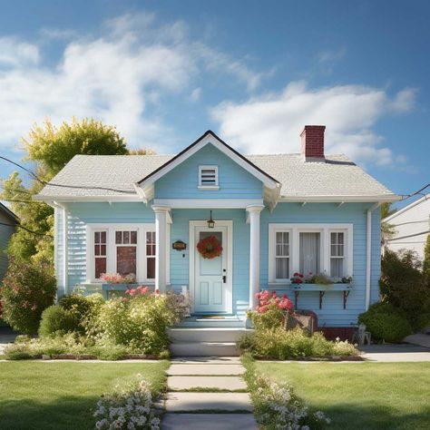 Blue Cottage Exterior White Trim, Baby Blue House Exterior, Light Blue House Exterior Colour Schemes, Paint Colors For Small Houses, Cottage Colors Exterior, Light Exterior House Colors, Blue House Paint, Small Beach House Exterior, Light Blue House Exterior