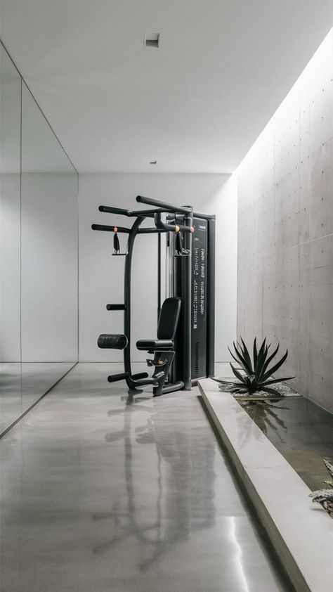 Experience the beauty of minimalism with this modern gym design! 🌿 Polished concrete flooring, a compact multi-gym machine, and a large wall mirror create an open, clean space. Potted succulents and a minimalist water feature add elegance to the sleek aesthetic. Perfect for focused, stylish workouts. #ElegantGym #ModernMinimalism 🪴 #Your #Workout #with #Creating #an #HomeDecorating #HomeStyle #Aesthetic #Gym #Kitchens #InteriorInspo #Elevate #Home #Style #HomeInspiration #Space Modern Gym Design, Aesthetic Home Gym, Home Gym Ideas Small, Modern Gym, Multi Gym, Concrete Flooring, Potted Succulents, Sleek Aesthetic, Workout Space