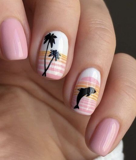 Summer Nails For Cruise, Nail Art Vacation, Beach Nails For Kids, Kids Vacation Nails, Kids Beach Nails, Classy Beach Party, Dolphin Nail Art, Short Beach Nails, Tropical Nail Ideas