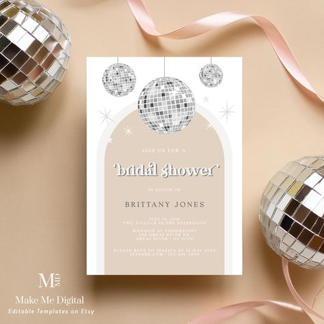 Disco Ball Diva Bridal Shower Invitation, Silver glitter festival hen do invitation printable, editable arch bridal invitation invite DX Library Shop, Silver Invitation, Retro Disco, Bridal Invitations, Ball Party, Digital Wedding Invitations, Invitation Baby Shower, Hen Do, Digital Weddings