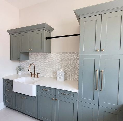 Seafoam Cabinets, Pantry Laundry Room Combo, Kitchen Craft Cabinets, Laundry Room/mudroom, Laundry Room Colors, Blue Laundry Rooms, White Laundry Rooms, Green Laundry, Pantry Laundry Room