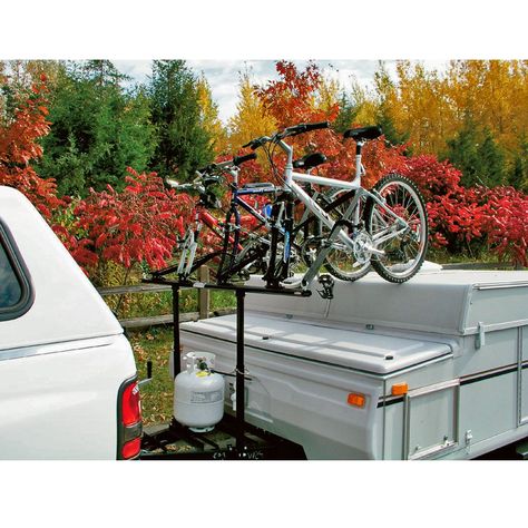 Pop Up Camper Bike Rack, Camper Bike Rack, Coleman Pop Up Campers, Camper Decorations, Tent Trailers, Emma Wallace, Diy Bike Rack, Pop Up Truck Campers, Pop Up Trailer