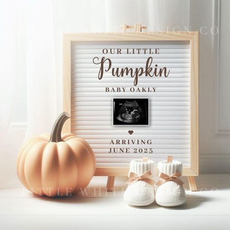 Pregnancy Announcement Baby 2, Pumpkin Baby Announcement, Gender Neutral Reveal, Fall Baby Announcement, Colour Text, Digital Pregnancy Announcement, Pumpkin Baby, Pumpkin Theme, Baby Reveal