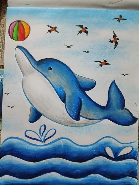 Dolphin Painting Easy, Animal Sketches Easy, Cartoon Drawing For Kids, Drawing Pictures For Kids, Scenery Drawing For Kids, Dolphin Drawing, Hand Art Kids, Oil Pastel Drawings Easy, Whimsical Art Paintings