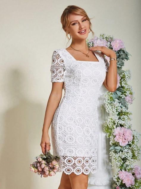 White Lace Dress Long, White Lace Dress Short, Short Sleeve Lace Dress, Stylish Work Attire, Lace Dress With Sleeves, Lace Overlay Dress, Guipure Lace, Silver Dress, Lace White Dress