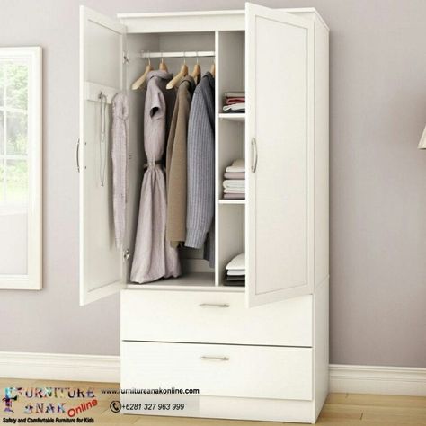 Lemari Putih Dua Pintu Bedroom Clothes Storage, Armoire Bedroom, Cheap Wardrobes, Modern Wardrobe Design, White Armoire, Wooden Armoire, Clothes Drawer Organization, Armoire Storage, Armoire Dresser