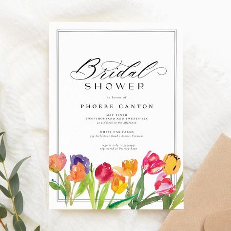 Elegant Spring Tulip Calligraphy Bridal Shower Invitation  Zazzle Garden Bridal Showers, Beach Wedding Decorations, Beautiful Calligraphy, Spring Tulips, Bridal Shower Theme, Elegant Invitations, Bridal Shower Invitation, Free Birthday Invitations, Green Wedding