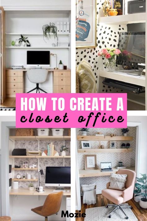 Closet Office Small, Turn A Closet Into An Office, Desk In Closet Ideas, Closet Office Ideas Small Walk In, Cloffice Ideas Small Spaces, Closet To Office Conversion, Cloffice Ideas Room Closet, Diy Closet Office, Closet Office Ideas Small