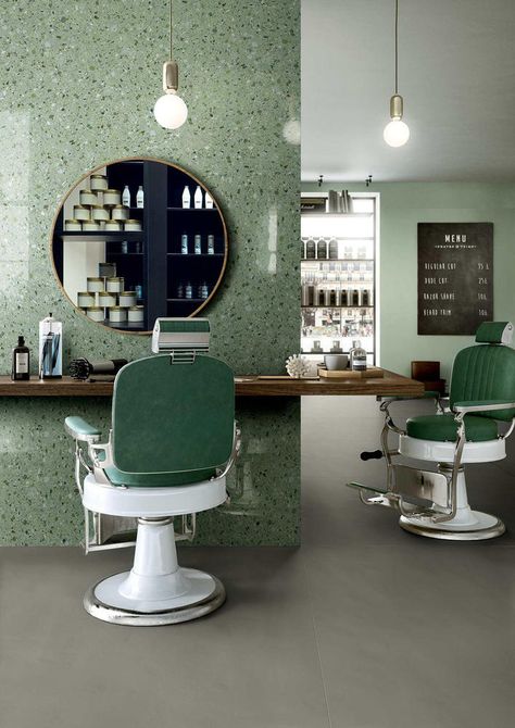 Gallery of Color Beyond Aesthetics: The Psychology of Green in Interior Spaces - 5 Hair Salon Design, Interior Design Pictures, Vintage Interior Design, Large Format Tile, Salon Interior Design, Spa Design, Vintage Interiors, Design Del Prodotto, Furniture Layout