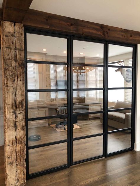 Interior Steel Glass Doors - Modern - Home Office - Chicago - by Exclusive Windows, Inc. | Houzz Bedroom With Glass Wall Window, Steel Doors Interior, Basement Glass Wall, Indoor Sliding Glass Doors, Glass Doors For Office, Gym Glass Wall, Glass Wall Home Office, Indoor Glass Wall, Glass Interior Walls