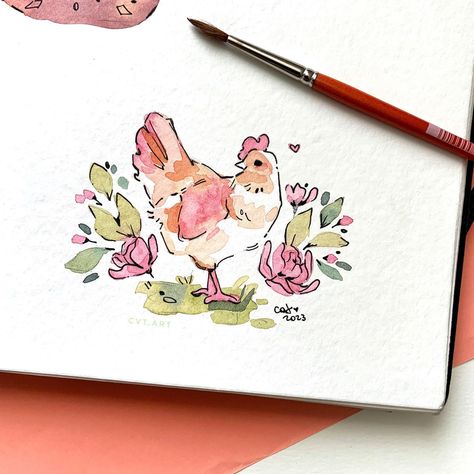 Doodle On Watercolor, Simple Watercolor Illustration, Easy Watercolor Illustration, Cute Chicken Illustration, Chicken Cute Art, Cute Watercolour Ideas, Quick Watercolor Ideas, Watercolor Design Ideas, Watercolor Sketchbook Journal Ideas