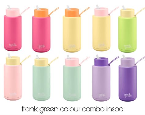 Frank Green Colours, Frank Green Colour Combos, Frank Green Combos, Green Colour Combo, Frank Greens, Basic Aussie, Green Water Bottle, Aussie Girl, Healthy Water Drinks