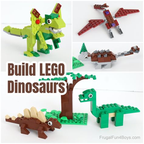 Five LEGO Dinosaurs to Build - Frugal Fun For Boys and Girls Lego Dinosaur, Lego Decorations, Lego Mosaic, Lego Animals, Lego Activities, Lego Robot, Dinosaur Activities, Lego Craft, Dinosaur Coloring Pages