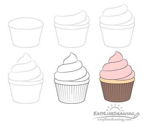 Cupcake Doodle Cute, Cupcake With Frosting, Draw A Cupcake, Cupcake Outline, Drawing Instructions, Cupcake Drawing, Cupcake Tutorial, Diy Cupcakes, Drawing Now