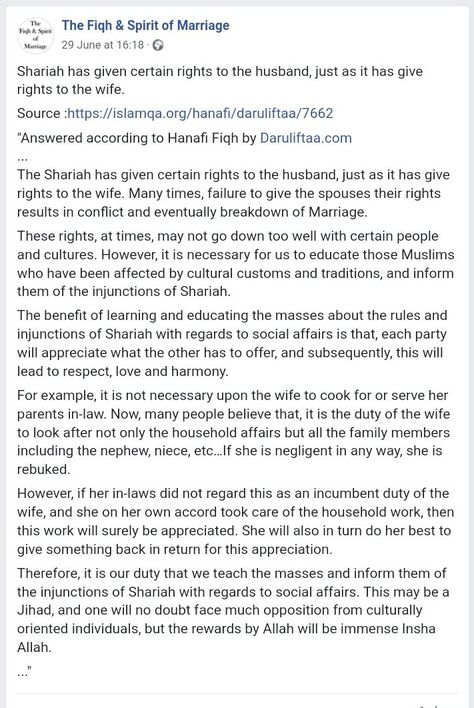 "Answered according to Hanafi Fiqh by Daruliftaa.com ... The Shariah has given certain rights to the husband, just as it has give rights to the wife. Many times, failure to give the spouses their rights results in conflict and eventually breakdown of Marriage. ..."  #Islam #Marriage #Shariah #Husband #Wife #Spouses #Rights #Responsibilities #Rules #Injunctions #Cooking #Household #Cultures #Customs #Traditions #In-Laws #Nephew #Niece #Respect #Love #Harmony #Jihad #hanafifiqh #daruliftaadotcom Wife Rights In Islam, Marriage Islam, Wife Role, Wife Duties, Parents In Law, Islam Marriage, Poor Family, Family Kitchen, Family Law