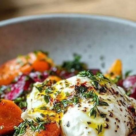 Chef zouheir on Instagram: "Roasted Beets and Carrots Salad with Burrata  Ingredients:  For the Salad:  3 red beets, trimmed and peeled 3 golden beets, trimmed and peeled 6 carrots, halved lengthwise Olive oil Salt, to taste Burrata cheese For the Dressing:  3 tbsp olive oil 2 tbsp white wine vinegar 1 tbsp honey 1 garlic clove, minced 1 tsp fresh rosemary, finely chopped Salt, to taste Instructions:  Preheat Oven: Preheat your oven to 400°F (200°C).  Prepare Vegetables: Cut the beets into wedges and toss with olive oil and salt. Arrange the beets and carrots on a baking sheet in a single layer. Roast for 30 minutes, or until tender and caramelized.  Sauté Beet Greens: While the vegetables are roasting, quickly sauté the beet greens in a pan with a little olive oil until wilted. Set aside. Beet And Buratta Salad, Roasted Beets And Carrots With Burrata, Roasted Beet And Carrot Salad, Roasted Beets And Carrots Salad With Burrata, Roasted Beet And Burrata Salad, Roasted Beet And Orange Salad, Beet Orange Goat Cheese Salad, Mediterranean Vegetarian Recipes, Sauteed Beet Greens