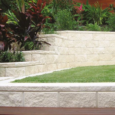 Retaining wall block type Block Retaining Wall Ideas, Corner Retaining Wall, Hamptons Backyard, Cheap Retaining Wall, Pool Retaining Wall, Garden Ideas Australia, Concrete Block Retaining Wall, Block Retaining Wall, Retaining Wall Patio