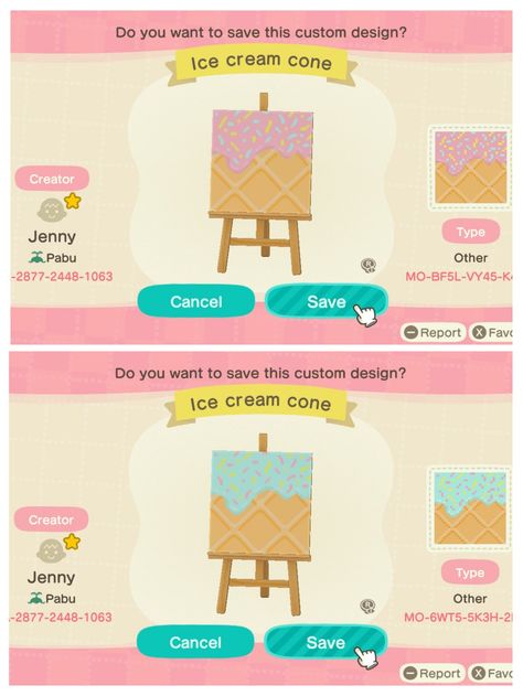 Acnh White Brick Wall Design Code, Animal Crossing Ice Cream Design, Acnh Candy Island, Ice Cream Stall Acnh, Acnh Honey, Acnh Ice Cream, Acnh Ice Cream Menu Design, Acnh Candy Custom Design, Acnh Bakery