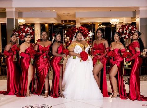 Red Bridesmaid Dresses Black Women, Red And Green Wedding Theme, Red Bridal Party, Pantora Bridal, Jazz Wedding, Travis Wedding, Real Bridesmaids, Reception Planning, Bridal Planner