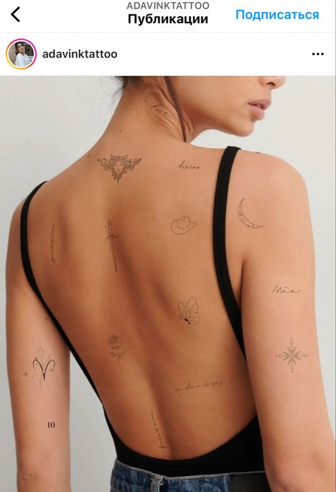 Multiple Back Tattoos Placement, Scattered Back Tattoos Women, Victoria Paris Back Tattoos, Fine Line Back Tattoos For Women, Back Sleeve Tattoo Women, Patch Work Back Tattoo Women, Tattoo Rug Dames, Back Patch Work Tattoo, Rug Tattoo Dames