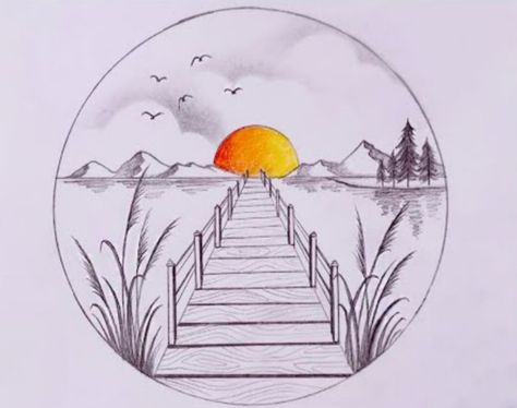 Welcome to my channel Lora drawing academy Sunrise Drawing, Easy Pencil Drawing, Landscape Drawing Easy, Pencil Drawing Inspiration, Easy Scenery Drawing, Drawing Sunset, Easy Pencil Drawings, Drawing Dragon, Pencil Sketches Easy