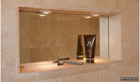 Mirrored wall niche in the shower Over Sink Light, Bathroom Lighting Over Mirror, Over Sink Lighting, Shower Accent Tile, Bathroom Mirror With Shelf, Shower Tiles, Shower Mirror, Master Shower, Shaving Mirror