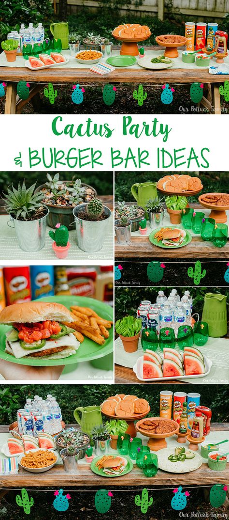 msg 4 21+ Cactus Party #ad #burgerbar Cactus Themed Party Food, Party Burger Bar, Burger Bar Ideas, Cactus Theme Party, Cactus Decorations, Arizona Party, Cactus Party Decor, Burger Party, Black Bean Burger