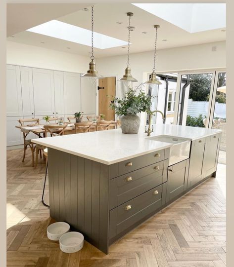 Kitchen Respray, Green Shaker Kitchen, Wren Kitchens, Wren Kitchen, Open Plan Kitchen Dining Living, Open Kitchen And Living Room, Kitchen Layout Plans, Kingston Upon Thames, Open Plan Kitchen Living Room