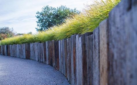 Upright sleeper retaining wall Retaining Wall Sleepers Ideas, Retaining Wall Australia, Upright Sleeper Wall, Railway Sleepers Garden Retaining Walls, Sleeper Walls Retaining, Timber Sleeper Retaining Wall, Garden Retaining Wall Ideas, Retaining Wall Patio, Sleeper Wall