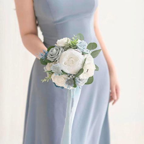 Dusty Blue & White 7 Inch Artificial Wedding Bouquets: Bridesmaid, and Toss Bouquet Bouquet Dusty Blue, Artificial Flower Wedding Bouquets, Toss Bouquet, Artificial Wedding Bouquets, Wedding Shopping, French Rustic, Bouquet Toss, Artificial Flowers Wedding, Rustic Weddings