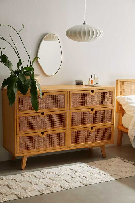 Bring the Outdoors In: 10 Rattan Dressers for Your Bedroom | 10 Stunning Homes Bedroom Dresser Styling, Rattan Drawers, Rattan Bedroom, Retro Dresser, Tropical Bedrooms, House Bedroom, Wood Sofa, Bedroom Furniture Dresser, Apartment Furniture