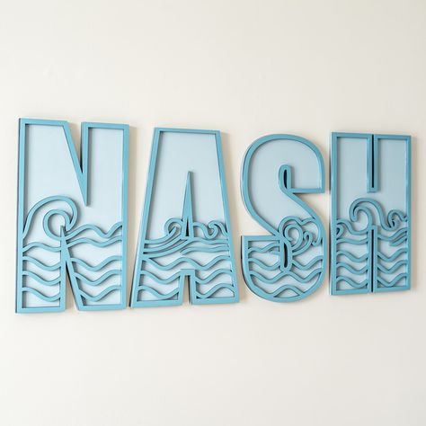 Name Sign Nursery Name Sign Waves Name Sign for Kids Room - Etsy Wave Letters, Surfing Decor, Surfer Room, Surf Nursery, Coastal Neutral, Nursery Ocean, Ocean Boulevard, Coastal Nursery, Ocean Themed Nursery