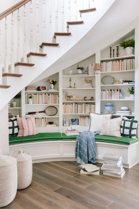 Cozy Reading Nook Under Stairs Under Curved Stairs Ideas, Reading Nook Under Stairs, Stair Nook, Curved Stairs, Round Stairs, Reading Nook Kids, Stairs Ideas, Design 101, Curved Walls