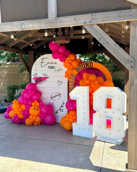 Guilty of scribbling on a book or two in school. 🤭📝 Officially 18 and ASU bound with Emma’s favorite colors. 🧡🩷 Setup, backdrop and balloons @aloveforlavish College bound, back to school, backdrop set up, backdrop and balloons, balloon garland, hot pink balloons, organs and pink balloons, balloon design, backdrop styling, ASU, Arizona State, college backdrop, graduation ideas, kids party ideas, 18th birthday, marquee numbers, Tuftex, Sempertex, balloons Party Ideas 18th Birthday, Party Ideas 18th, Birthday Marquee, Hot Pink Balloons, Back To School Backdrop, School Backdrop, Marquee Numbers, Backdrop Graduation, Orange Balloons