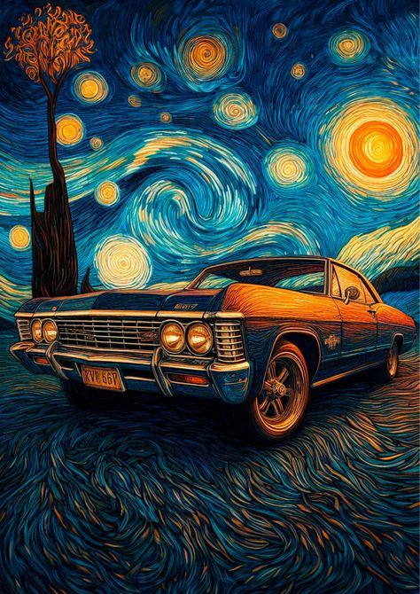 Impala 67 van gogh style Impala 67 Supernatural, 1967 Chevy Impala Supernatural, Impala Supernatural, Supernatural Impala, Impala 67, Supernatural Drawings, Supernatural Wallpaper, Supernatural Art, Hur Man Målar