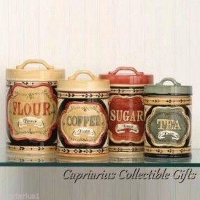 Elegant Country Store Canister Set of 4 Flour Sugar Coffee Tea Sealtite Lids New | eBay These are pretty amazing too! Flour Canister Set, Pottery Canister Sets, Decorative Kitchen Canisters, Farmhouse Kitchen Canisters, Ceramic Kitchen Canister Sets, Coffee Theme Kitchen, Ceramic Kitchen Canisters, Jars For Sale, Kitchen Canister Set