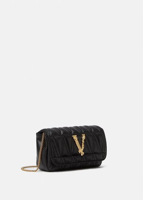 Versace Virtus Quilted Nappa Leather Evening Bag for Women | Official Website Designer Clutch, Shoulder Chain, Mini Bags, Bag For Women, Embossed Logo, Nappa Leather, Gold Tone Metal, Bag Sale, Evening Bags