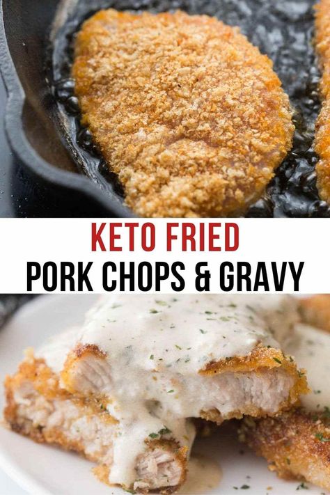 Easy low carb boneless fried pork chops. This recipe gives you a super crispy pork chop using pork panko without flour. The chops are topped with a homemade creamy gravy that is smothered over top. Keto Pork Chops, Keto Pork, Pork Chops And Gravy, Low Carb Pork, Fried Pork Chops, Keto Cooking, Keto Recipes Dinner, Fried Pork, Gravy Recipes