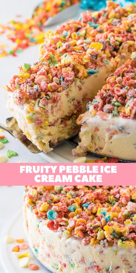 Fruity Pebble Ice Cream, Cereal Clusters, Vanilla Ice Cream Cake, Sugar Free Cereal, Fruit Deserts, Summertime Desserts, Pebble Ice, Fruity Pebble, Fruity Pebbles Cereal