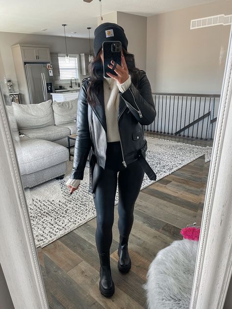 Black Carhartt Beanie Outfit, Mock Neck Sweater Outfit, Moto Leggings Outfit, Black Beanie Outfit, Chunky Knit Sweater Outfit, Leather Moto Jacket Outfit, Black Chelsea Boots Outfit, Moto Jacket Outfit, Beanie Outfit