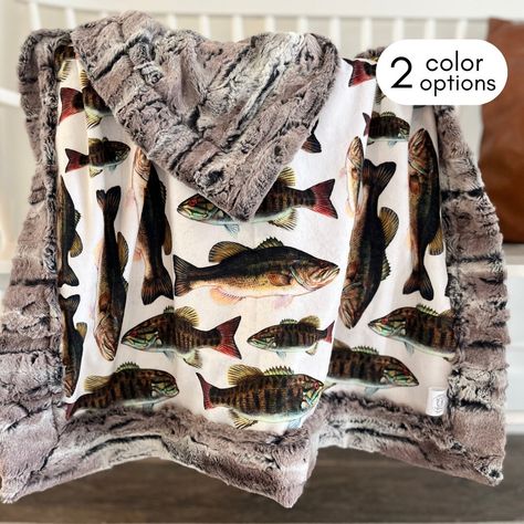 This Fishing Blanket for Boys is a great Gift for Fisherman -  This Smallmouth Bass print is a perfect Fishing Grandpa Gift or gift for Dad, or even baby boy. The Minky Blanket also makes fantastic Fishing Cabin Decor! 𝔻𝔼𝕋𝔸𝕀𝕃𝕊 🎣Made in the USA 🎣High Quality Minky and Faux Fur Materials 🎣Custom Unique Name Tag Option 🎣2 Color Faux Fur Options 🎣Lots of Sizing Options ℂ𝕆𝕃𝕆ℝ We do our best to photograph colors to the true hue, but colors may vary slightly from photos.  𝔸ℙ𝕏 𝕊𝕀ℤ𝕀ℕ? Fishing Room For Boys, Baby Boy Fishing Shower Ideas, Fishing Nursery Boy, Fishing Bedroom Ideas For Boys, Diy Nursery Decor Boy, Boy Hunting Nursery, Fishing Themed Nursery, Boys Fishing Room, Boys Fishing Bedroom