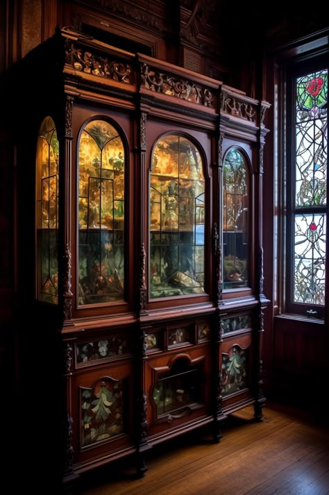 Dark Academia China Cabinet, Victorian Display Cabinet, Dark Wood Study, Dark Wood Closet, Home Apothecary Room, Victorian Cabinets, Window Room Decor, Magical Writing, Magic Cabinet