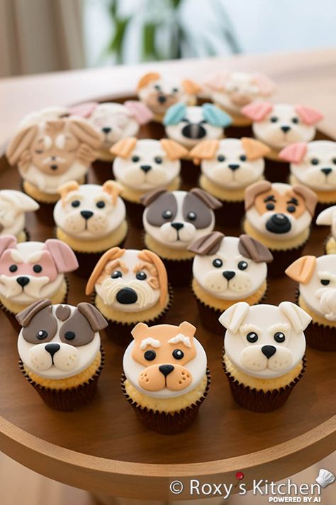 Puppy/Dog Themed Birthday Party - Desserts, Snacks, Decorations, Games  - Roxy's Kitchen Cupcakes Dog Theme, Dog Theme Cake Ideas, Puppy Party Cupcakes, Puppy First Birthday Cake, Dog Themed Birthday Cake Ideas, Dogs And Cats Birthday Theme, Puppy Themed Food, Dogs Birthday Party Ideas, Dog Cupcakes For Kids