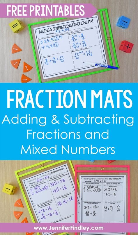 Adding and subtracting fractions and mixed numbers can be tricky for students. Download these FREE fraction mats to help your students organize and remember the steps to take when solving addition and subtraction fraction equations. Improper Fractions To Mixed Numbers Game, Adding And Subtracting Fractions With Unlike Denominators, Addition Subtraction Worksheet, Adding And Subtracting Mixed Numbers, Fraction Addition, Jennifer Findley, Fraction Games, Adding Fractions, Adding And Subtracting Fractions