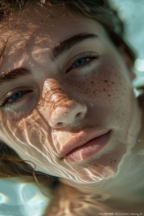 Faces In Water, Close Up Of Face, Face From Above Reference, Girls With Nose Rings, Laying Down, Blue Scheme, Technology Futuristic, Water Girl, Women With Freckles