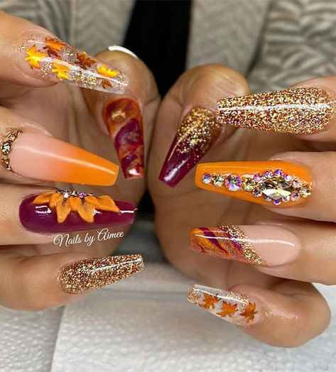 22. Burgundy, Glitter and Ombre Fall Nails Here comes the fall with the leaves changing color so the fall nails look. If you love splash of... Fab Nails, Unghie Nail Art, Fall Gel Nails, Cute Acrylic Nail Designs, Simple Acrylic Nails, Fall Acrylic Nails, Nail Swag, Fall Nail Art, Fall Nail Colors